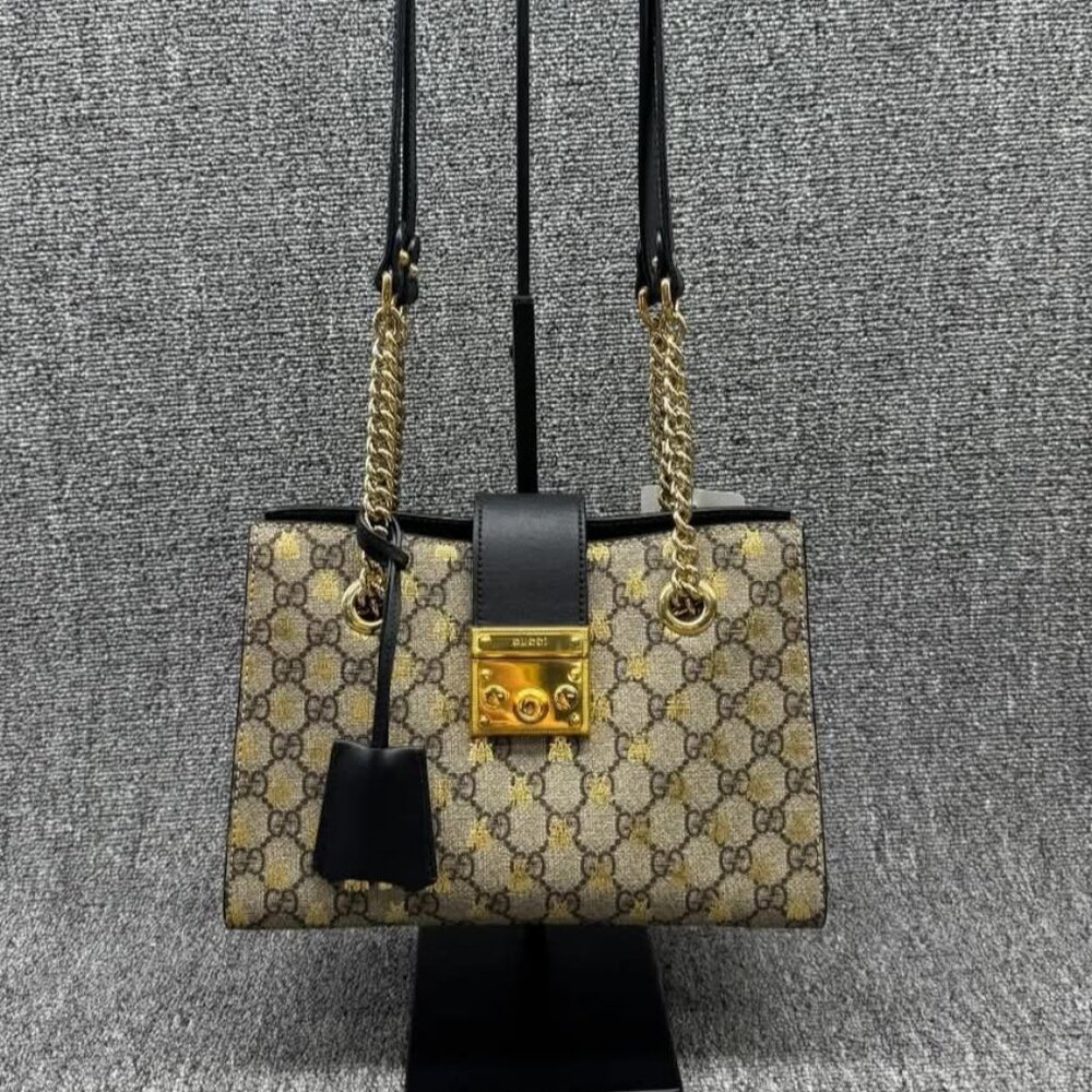 GUCCI Padlock Brown Bee Canvas Shoulder Bag 888-081625 - Picture 2 of 16
